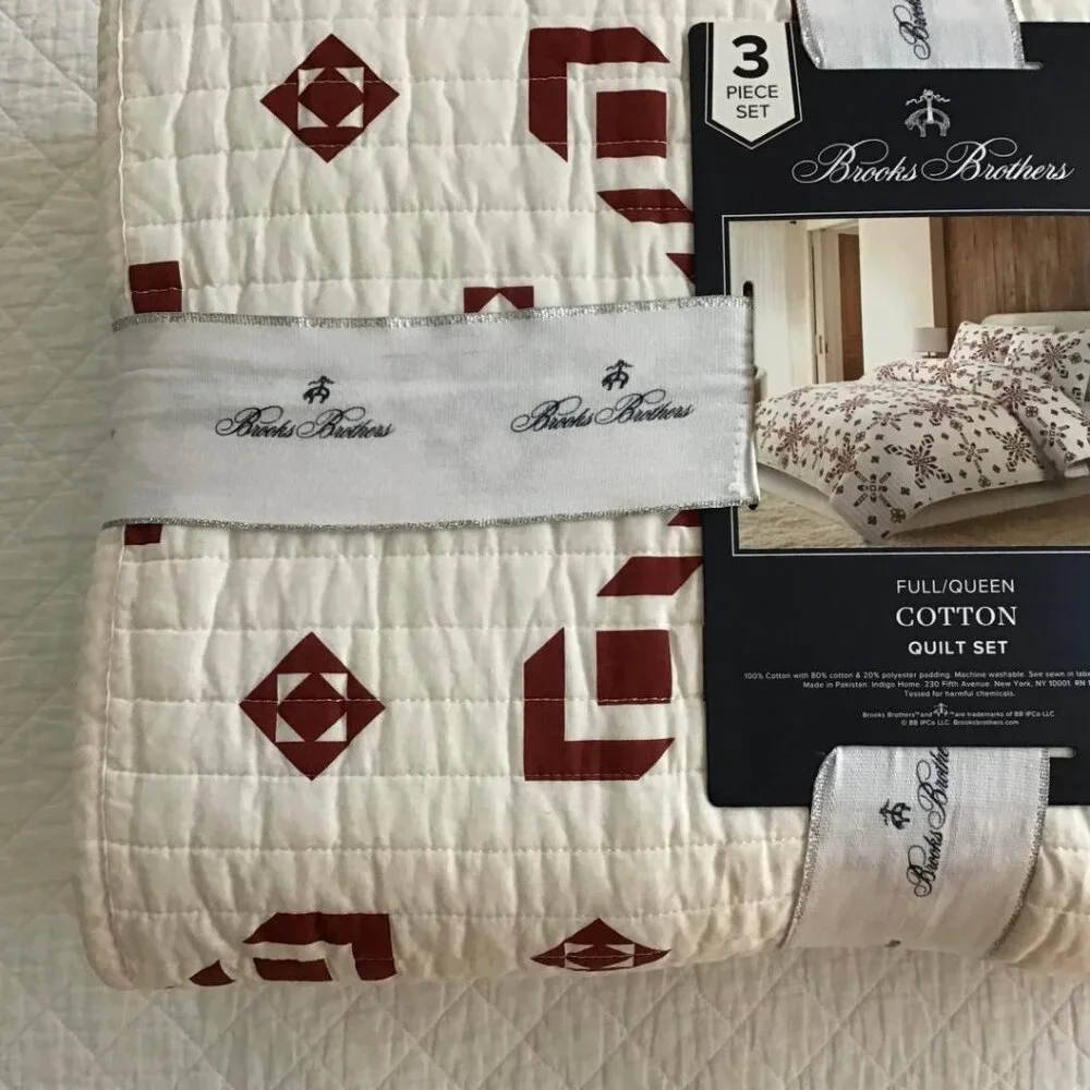 Brooks Brothers Quilt Set Full/Queen Cotton Red & White LARGE RED SNOWFLAKES
